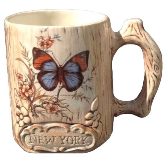 Vintage Treasure Craft New York Ceramic Coffee Mug Wood Grain Butterfly USA 3D - Picture 2 of 16